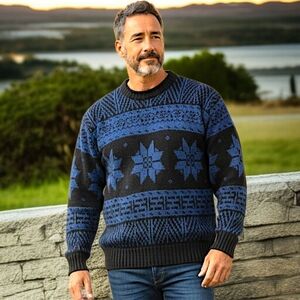 Gant Handmade Sweater Mens XL Snowflake Pattern Blue Black Cotton Vintage 90s.‎